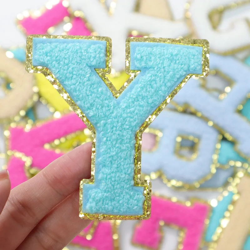 March Expo Discount 5.1cm 5.7cm 6.3cm 7cm Alphabet A-Z Glitter Patches Iron On Chenille Glitter Letter Patches For Clothing