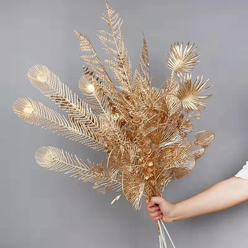 Golden Flower Fake Gold Plant Bush Grass Greenery Party Wedding Decorations Artificial Plants Golden Leaves