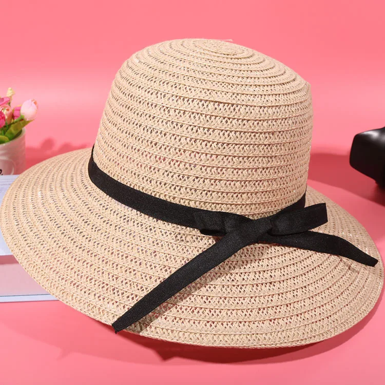 
Floppy Foldable Ladies Women Straw Beach Sun Summer Hat Beige Wide Brim Breathable Cap Outdoor Beach Sunhat 