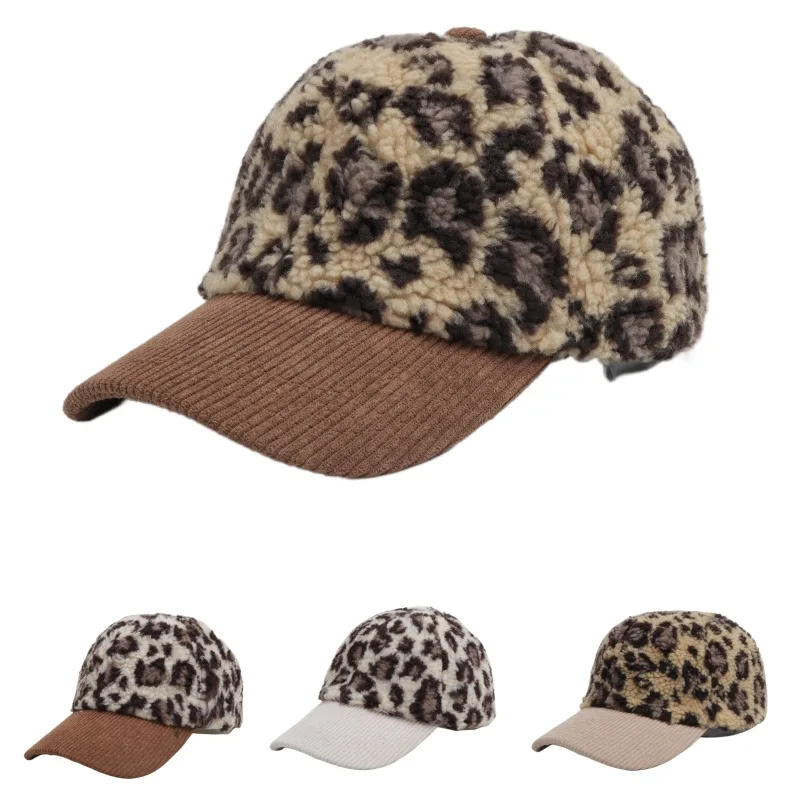 Cap with Name Customized Retro Lamb Hair Leopard Pattern Snapback Cap Sunscreen Customized Corduroy Baseball Cap For Women Men