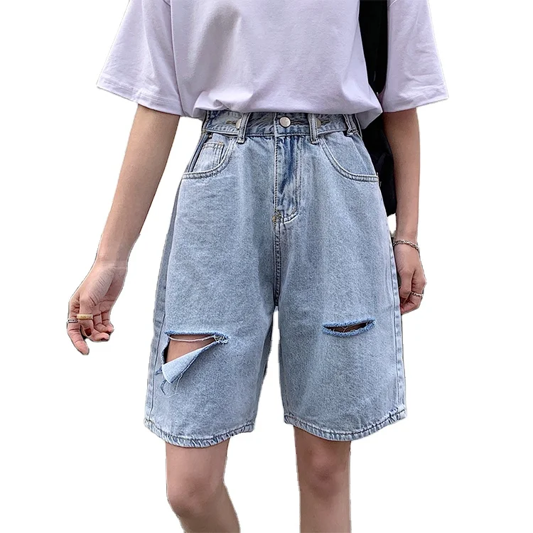 Summer 2021 new high-waisted thin super-fire ripped five-point wide-leg jeans women loose pants