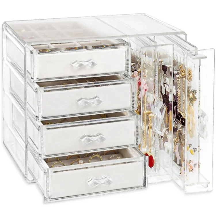 Clear Earring Holder Jewelry Hanging Boxes with 4 Velvet Drawers for Earrings Ring Necklace Bracelet Display Case Gift for Women