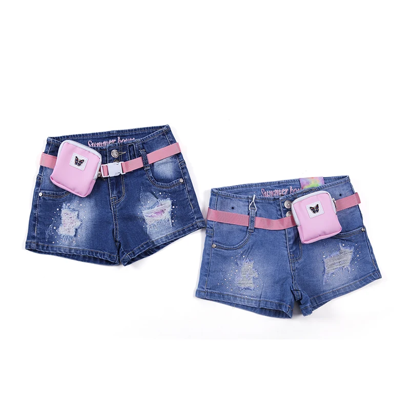 Wholesale Price Summer kids ripped jeans waist bag Hot kids denim jeans Destroy Wash Solid Girl short Jeans