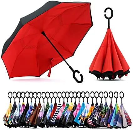 Double Layer Inverted Umbrellas Reverse Folding Umbrella Windproof UV Protection Big Straight Umbrella Inside