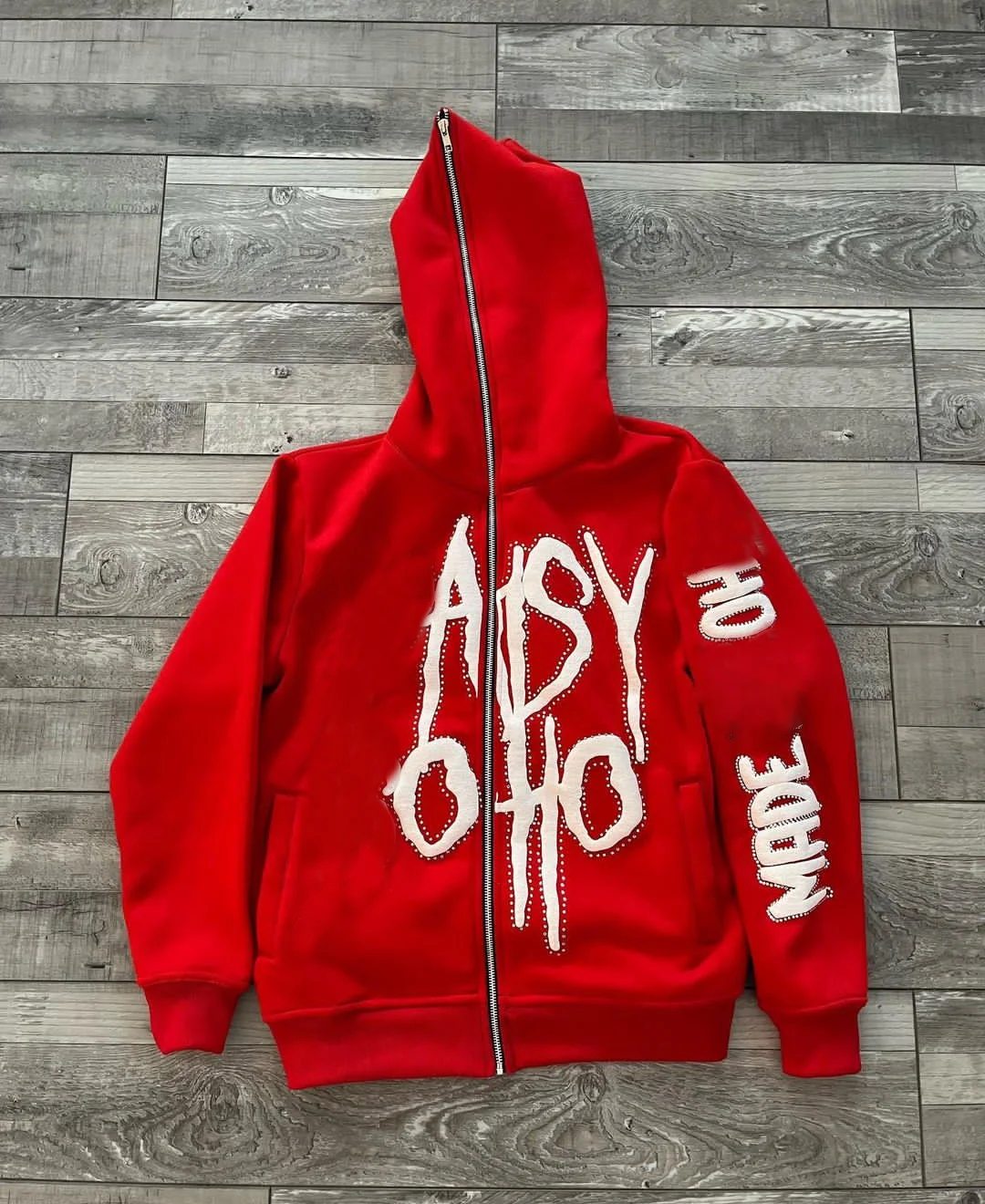 High Quality Custom Logo Screen Print Transfers Full Face Zip Hoodie Rhinestone Wholesale Patchwork Puff Print Tracksuits For Me