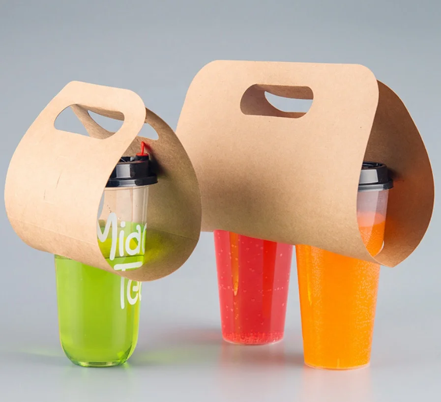 2 Cup Carrier Kraft Paper Cup Carrier Tray Take away Boba Tea Coffee Packaging Cup Carrier Paper Holder  Disposable