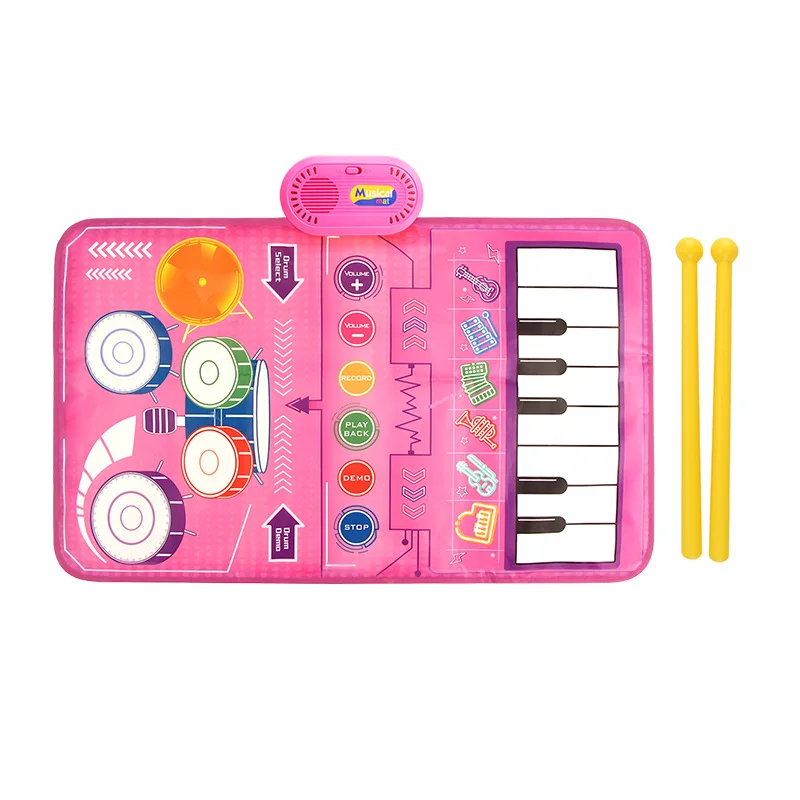 Musical Carpet Floor Mat for Toddlers Early Educational Piano & Drum Play with 2 Sticks Animal Touch Play Blanket Babies