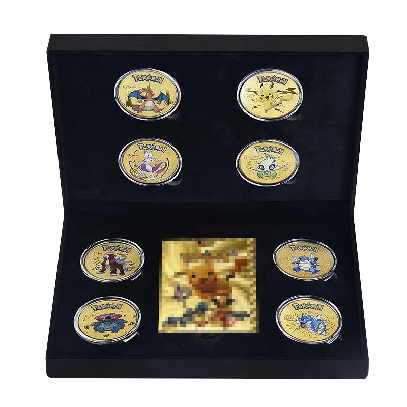 Poke mon Anime commemorative coin gold foil card set pokemons metal coin collection combination