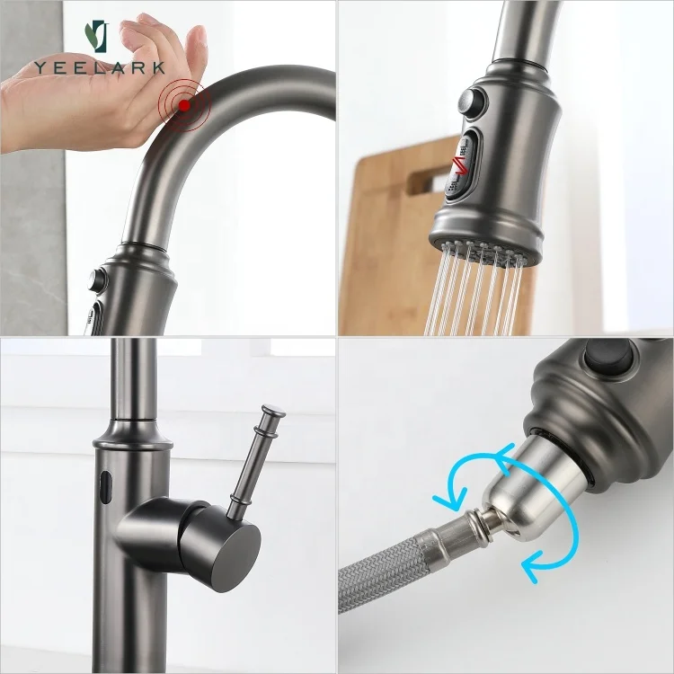 Commercial Automatic Brushed Graphite Finished Pull Down 304 Stainless Steel Touchless Smart Sensor Kitchen Sink Faucet Tap