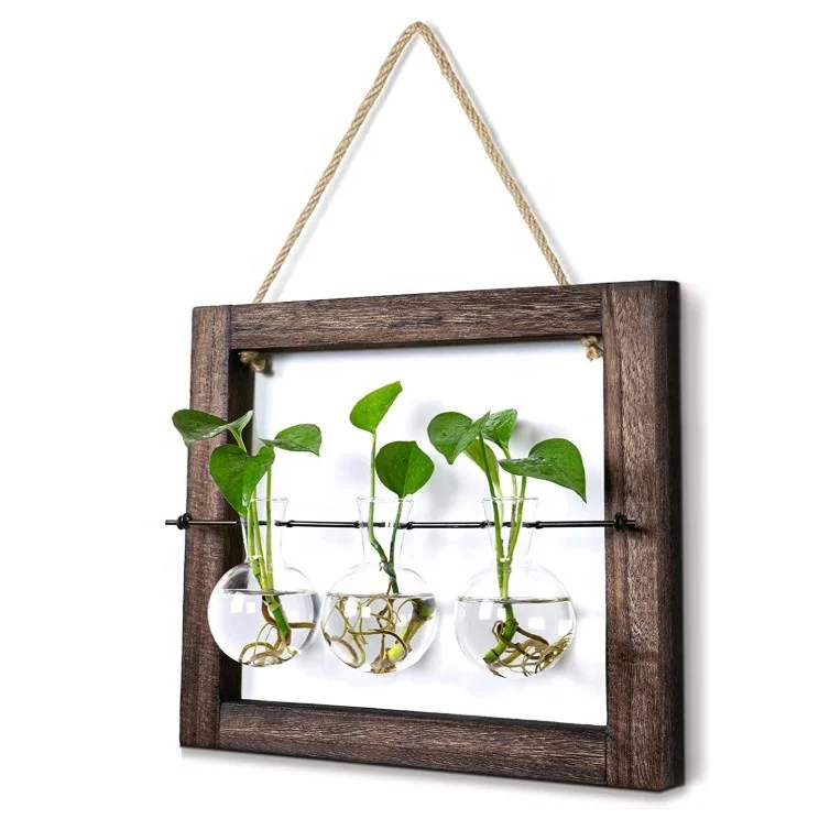 Air Planter Terrarium 3 Bulb Glass Vase with Retro Wooden Stand and Metal Swivel Holder Cute Hanging Wall Plant Pot