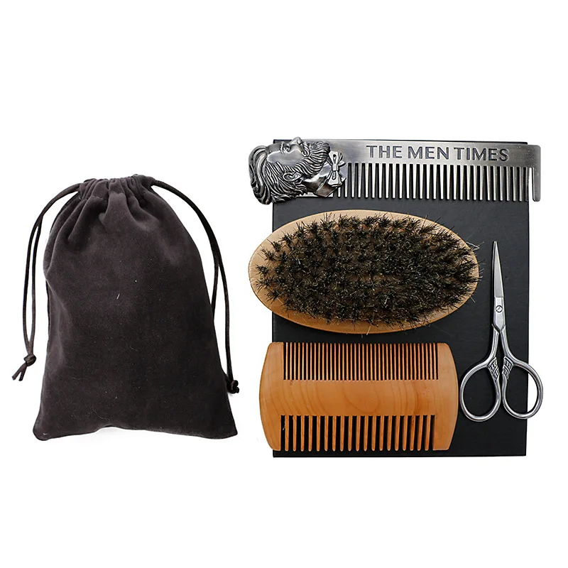 4 pcs boar beard brush and comb men grooming kit shaving set