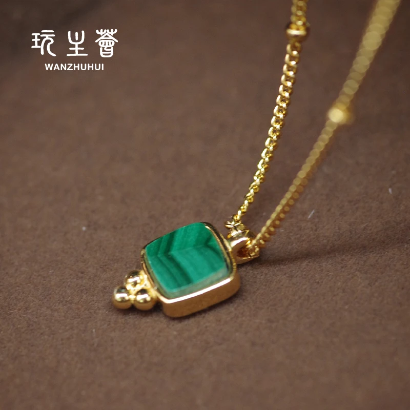 Unique natural malachite 925 silver plated 18k gold clavicle chain necklace