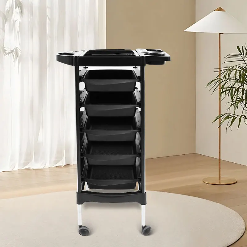 Wholesale Professional Barber Trolley Cart Black Storage 5 Drawers Hairdressing Trolley Salon Trolley