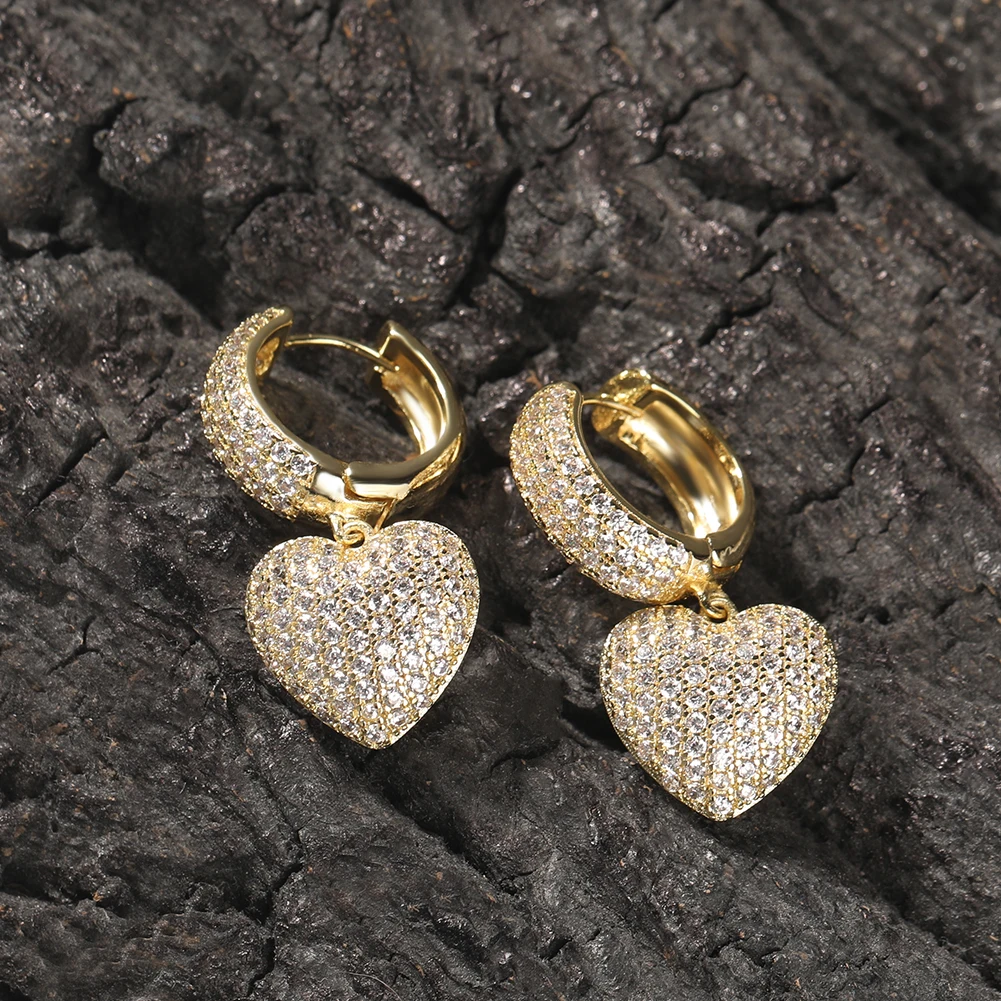 Hip Hop Heart Shape Stud Earring With Back Cover Cubic Zirconia Gold Plated High Quality Earrings Rapper Jewelry