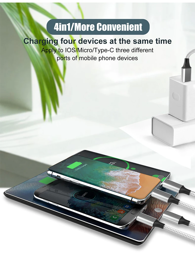 Multifunction 4 IN 1 Fast Charging Cable Dual C Type Charger Braided Nylon Micro USB 8PIN Data Cable for Cell Phone Accessories
