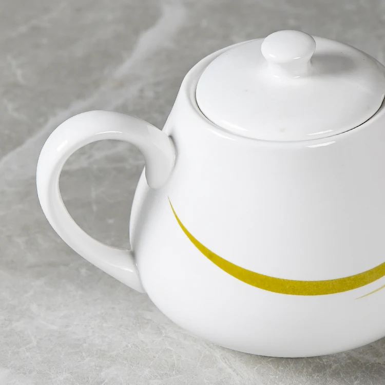 1000ml Porcelain White Ceramic Teapot With Yellow Color Simple Decal Printing Strength Handle Classic Pot Mold