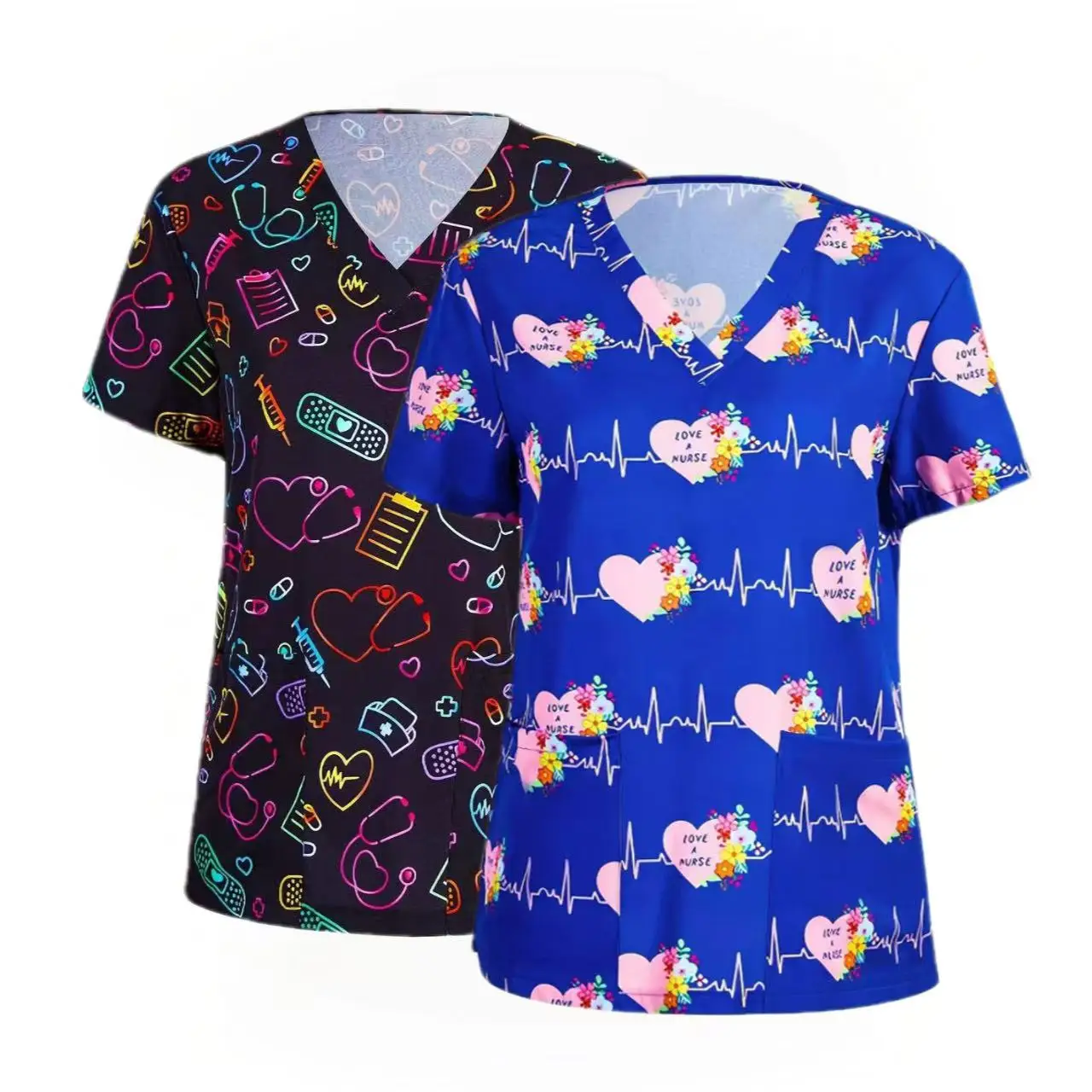 37 Print Designs Beauty Uniform Tops V Neck Women Scrub Tops With Pockets