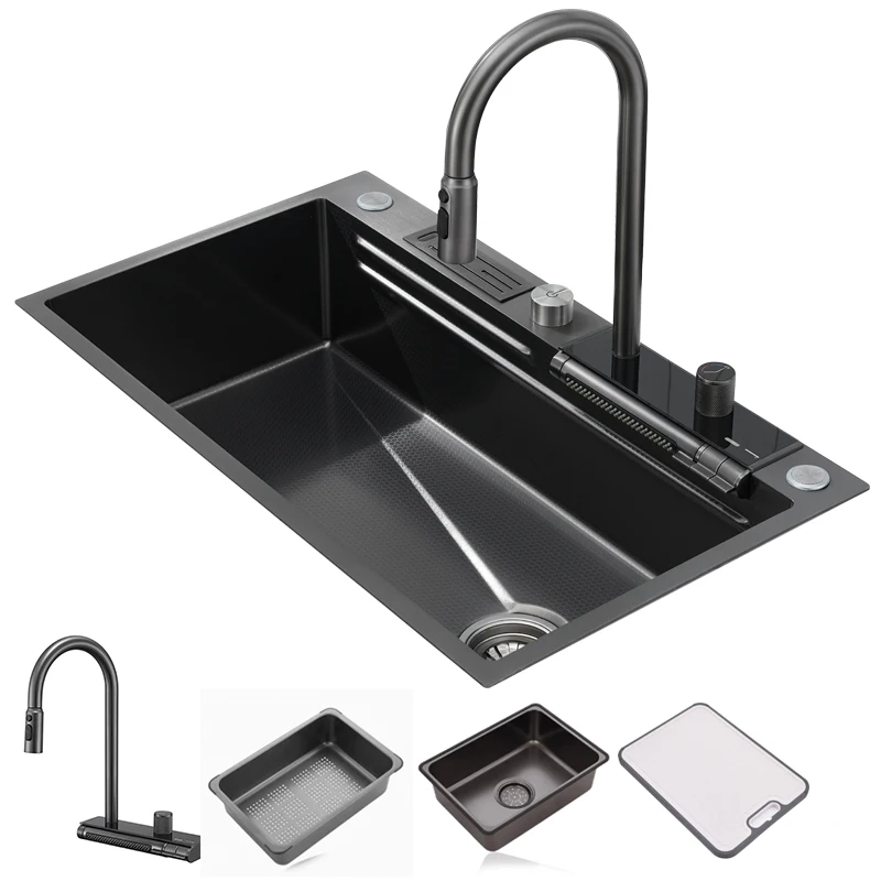 Lusa Modern 304 Stainless Steel Multifunction LED Digital Smart Waterfall Faucet Large Single Wash Basin Kitchen Sink