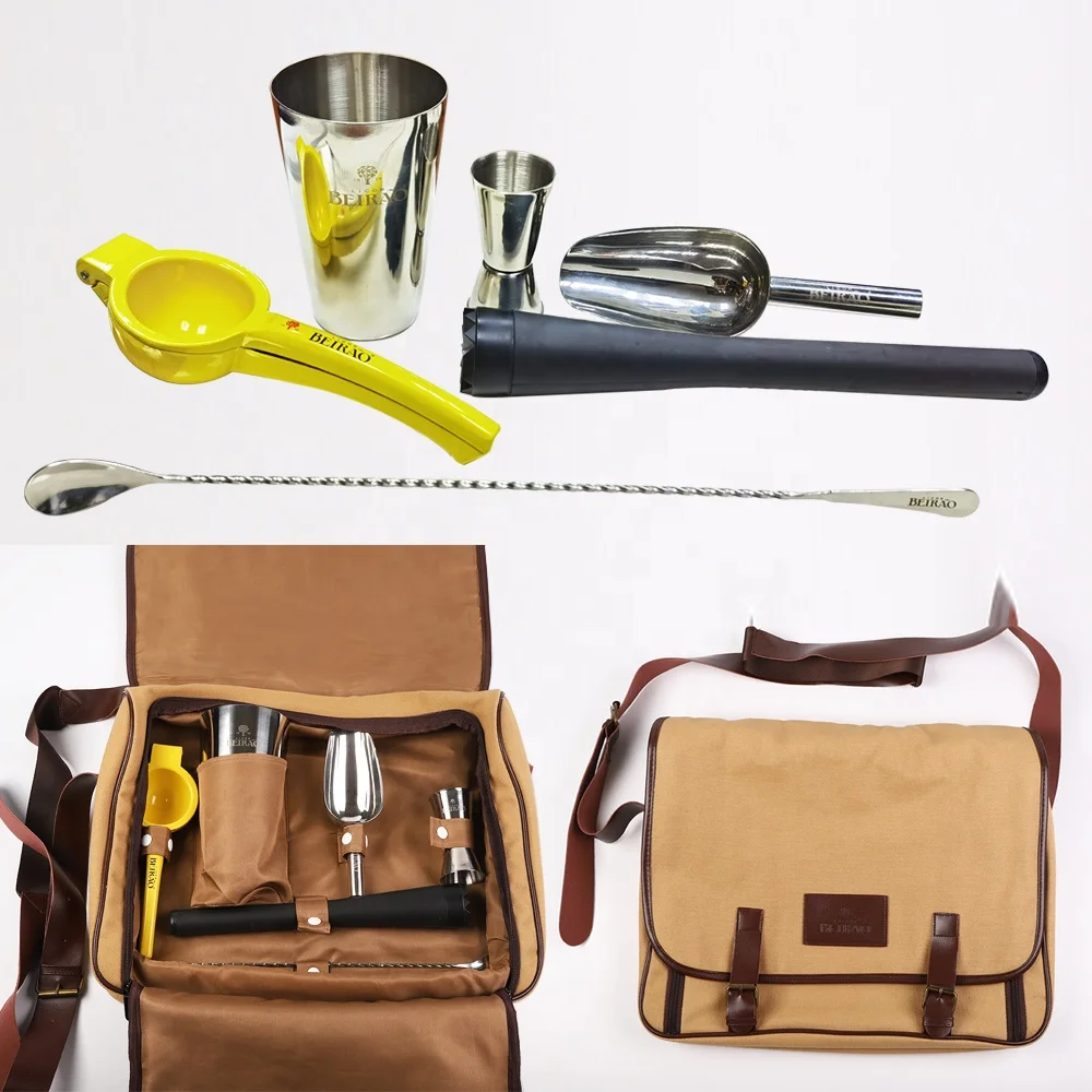 Professional Customized Travel Canvas Shoulder Cocktail Barware Set Bartender Kit Tools Bag for Bartender