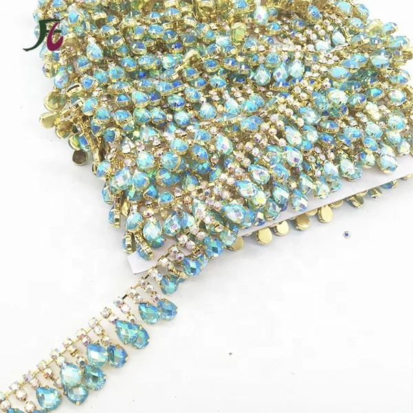 Fashion sparkling gold Green AB rhinestone green acrylic resin diamond tassel chain for shoes/bags/garment
