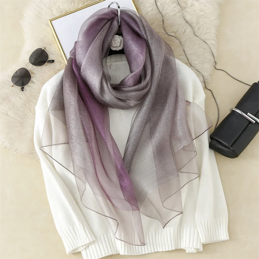Hot Sale Pure Mulberry Satin Blended Crepe Silk Long Shawl Gradual Color Designers Custom Silk Printed Scarf For Wedding