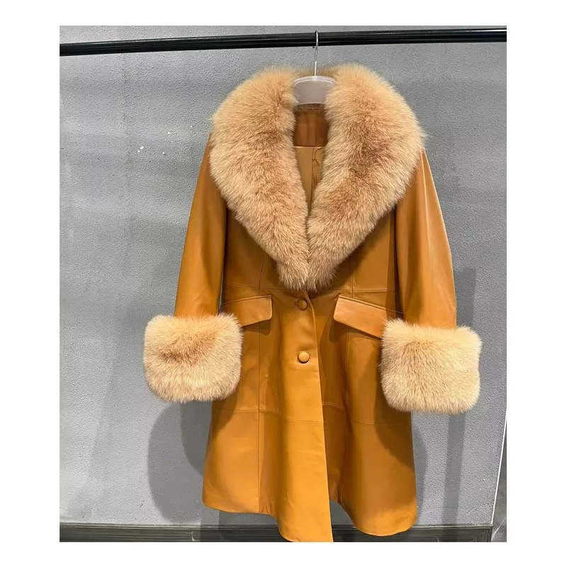 Lady Winter Fashion Design Elegant Woman Leather Real Fox Fur Coat with Fox Collar