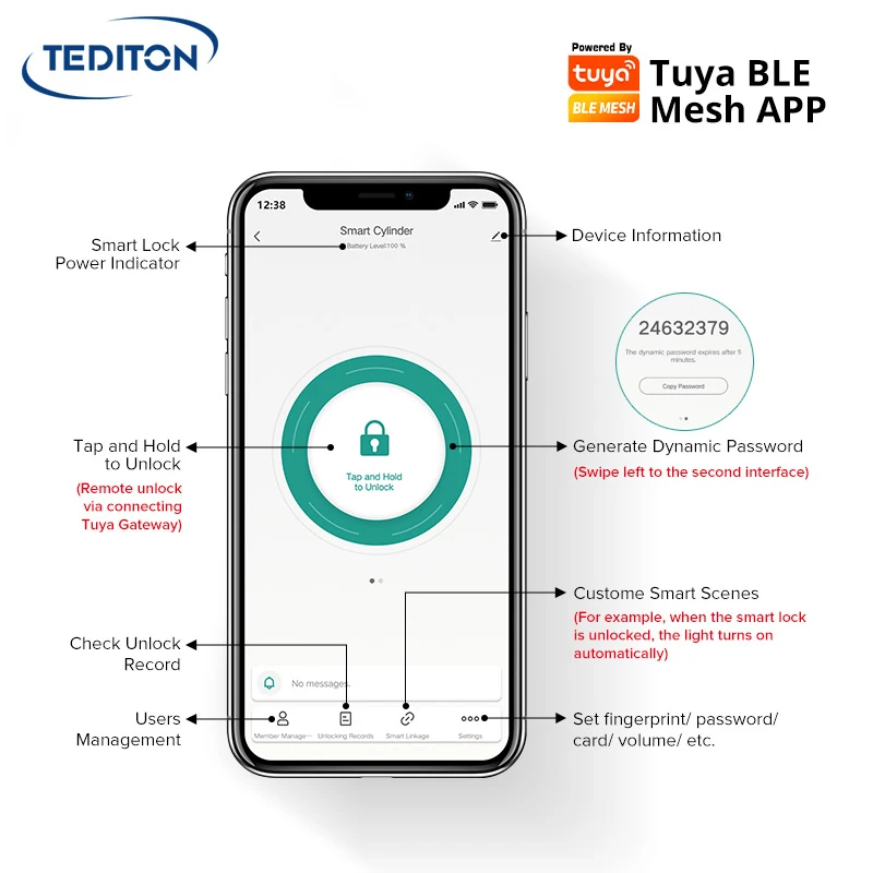 Tediton Magnetic High Quality Wifi App Code Intelligent Front Door Fingerprint Smart Gate Lock