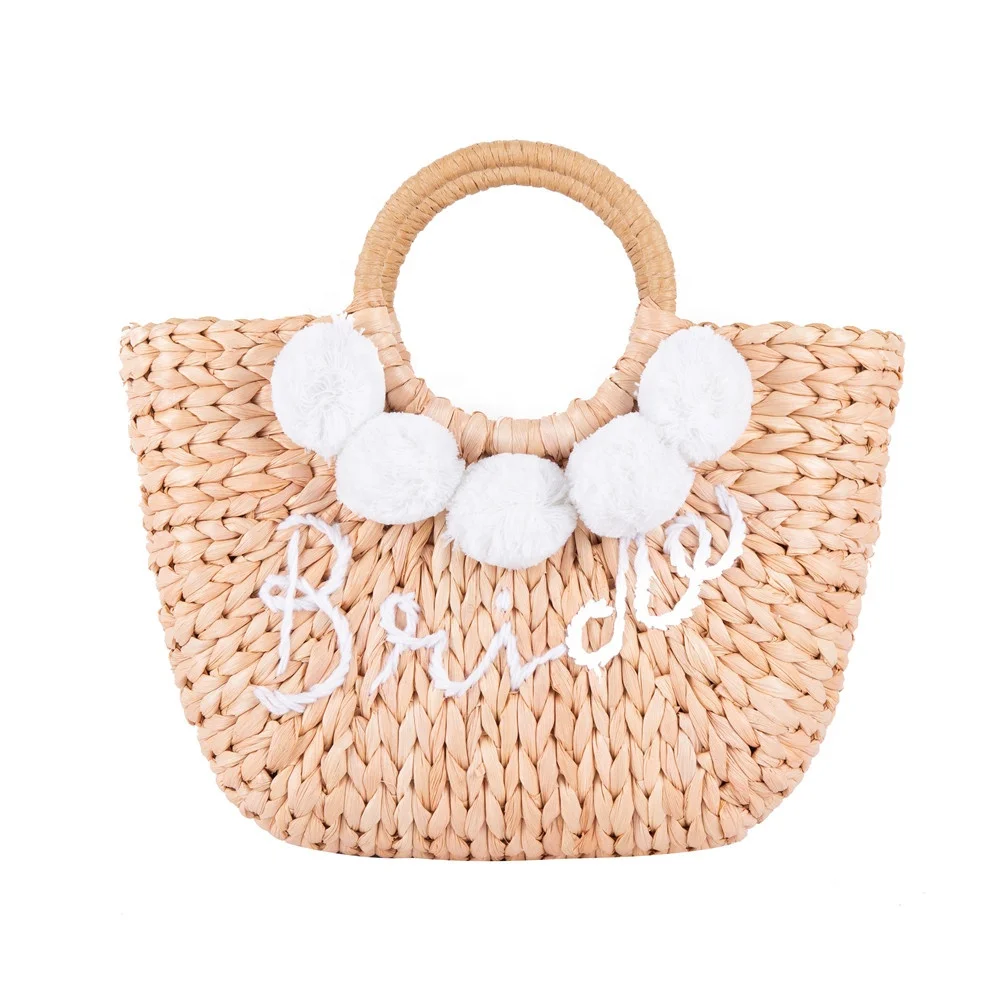NY women travel beach tote summer handmade corn husk ladies bag accessories personality  bride wifey handbag pompom straw bag