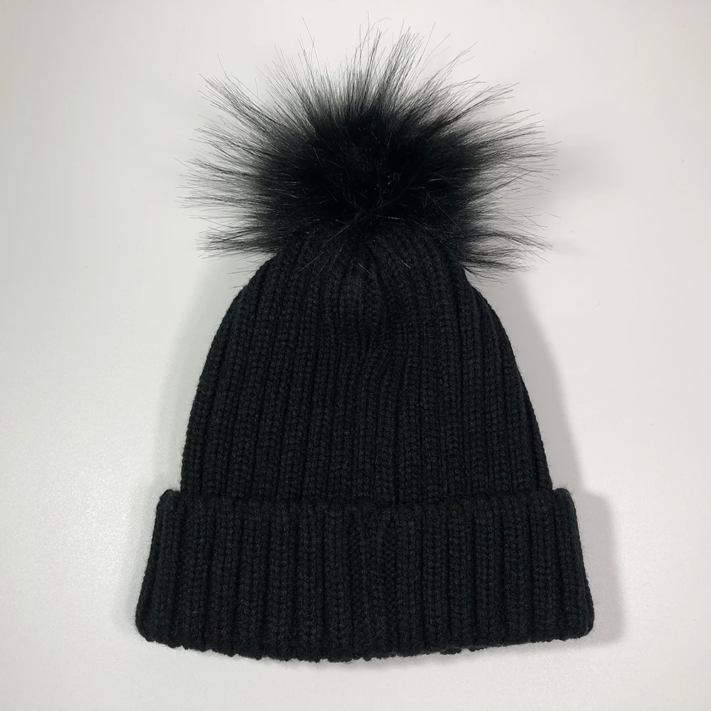 High quality knitted fur pompom for beanies Skull warmer acrylic bobble caps Custom embroidered ribbed cuff faux fur hat women