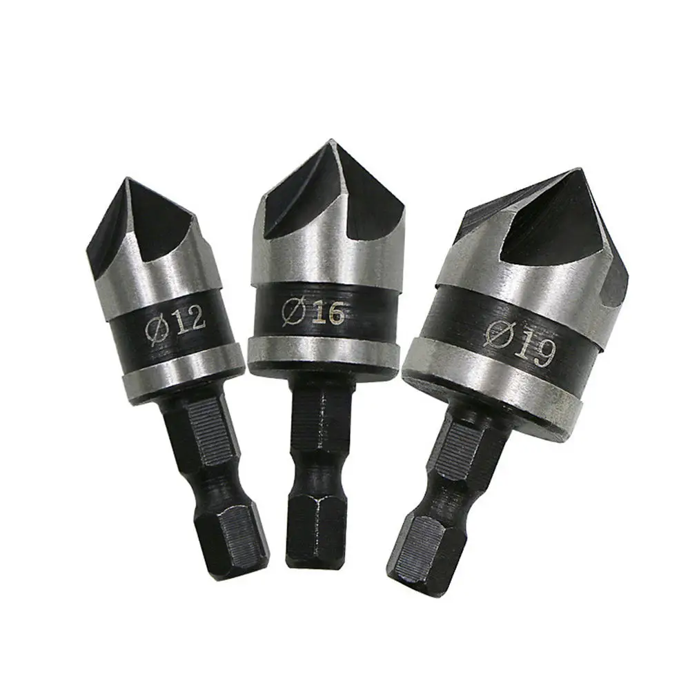 3PCS Five Blade Hex Shank Woodworking Chamfer Reamer Countersink Set Chamfering Drill Bit