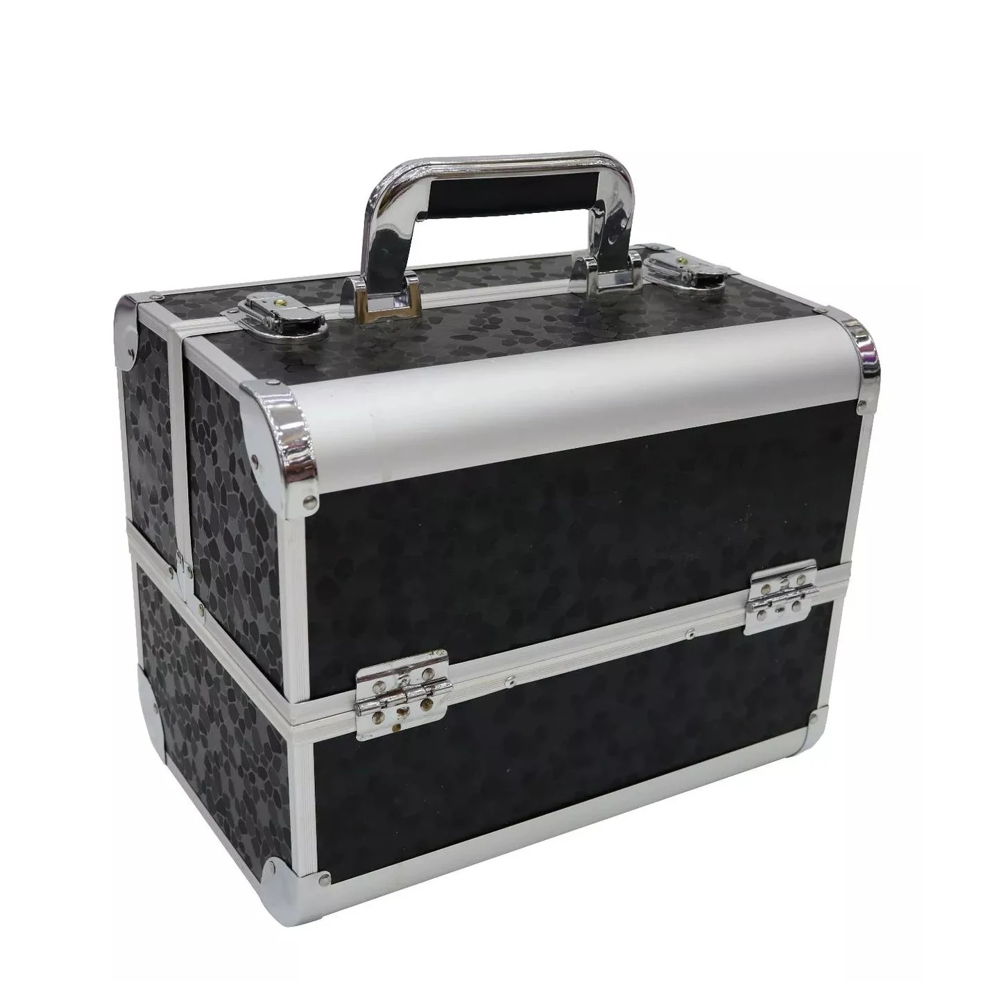 Makeup Train Case Portable Professional Cosmetic Organizer for Artist Durable Aluminum Frame Case with Locks and Folding Trays