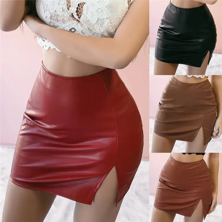 Sexy solid color high waist PU leather skirt for ladies club wear sexy short mini skirts women