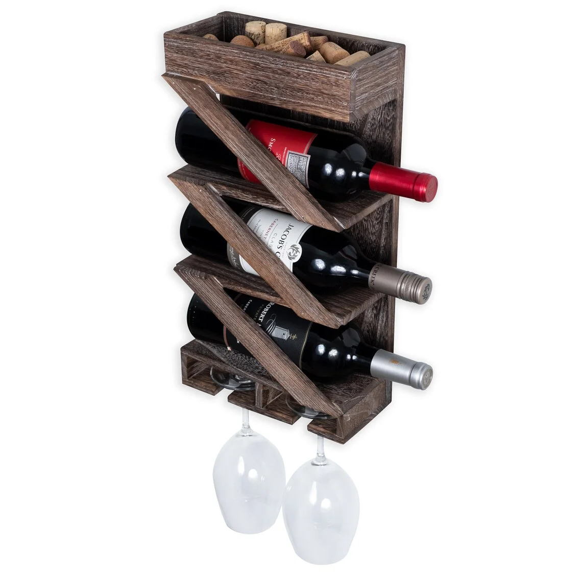 Chunlei OEM Rustic State Rioja Wall Mounted Wine Rack with Stemware Glass Holder with Cork Storage