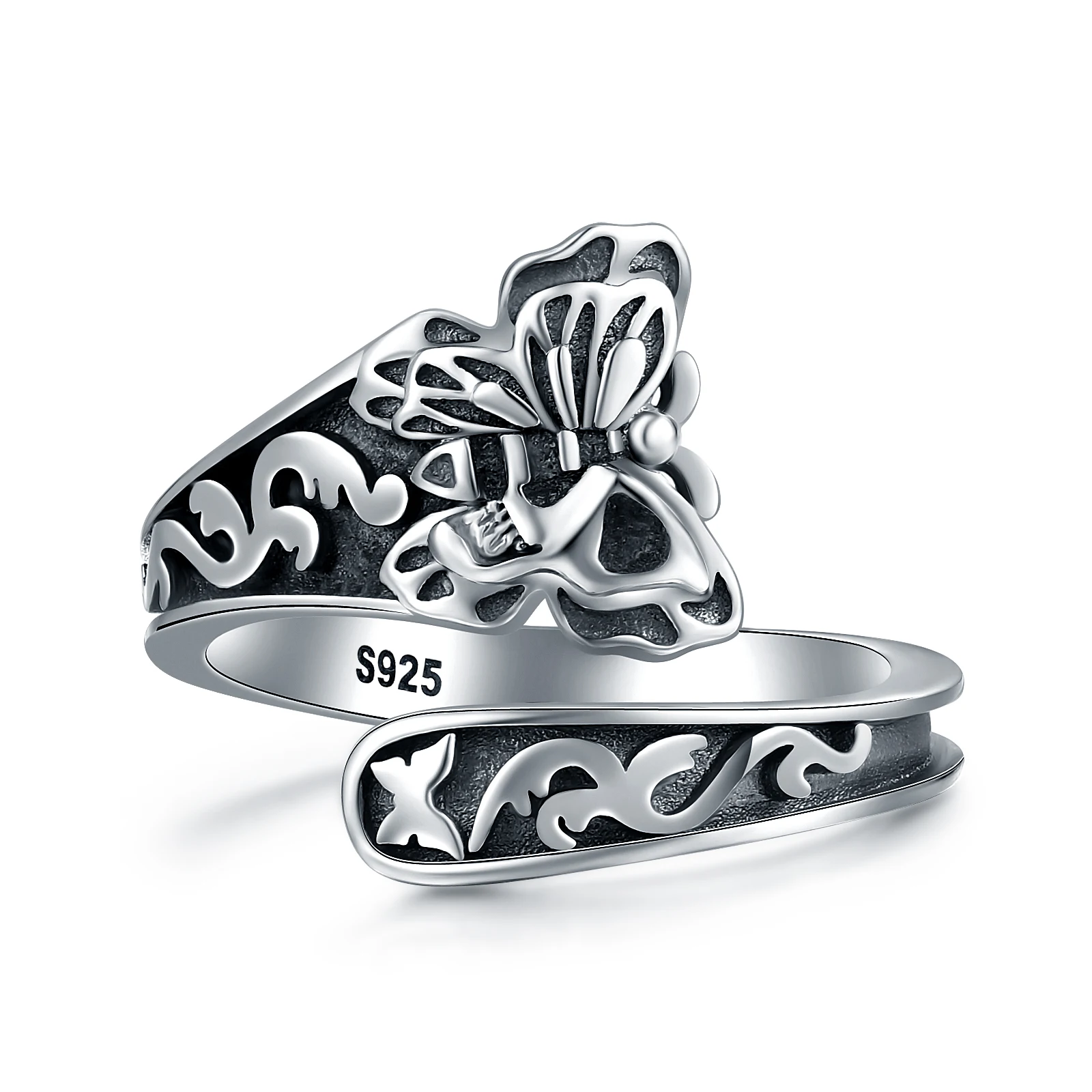 925 Sterling Silver Skull Spoon Ring Gothic Skull Adjustable Rings Statement Butterfly Ring for Women Girl