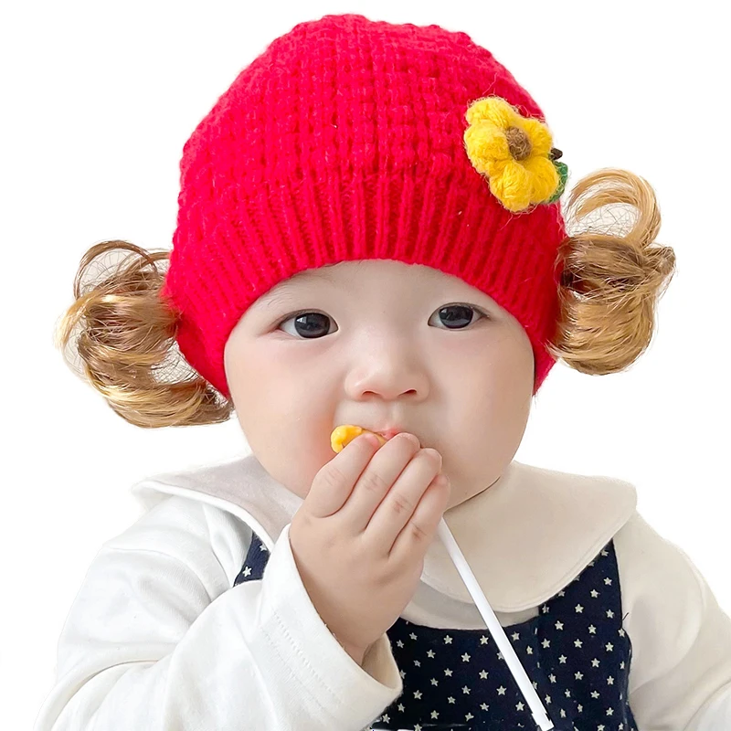 
Cute Baby Girl Boy beanie Hat Hair Pigtail Braid Wig Cap Winter Warm Crochet Knit Children Kids Girls Hats and Caps 