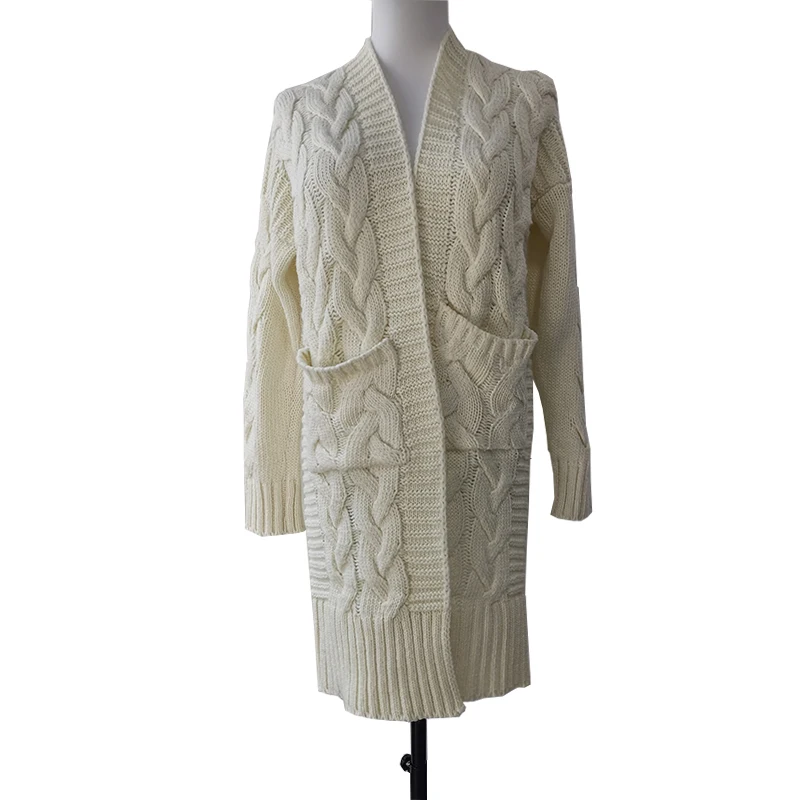 Cheap Factory Wholesale Customization Fashion Winter Ladies White Basic Heavy Thick Knit Long Cable Cardigan Sweater For Women