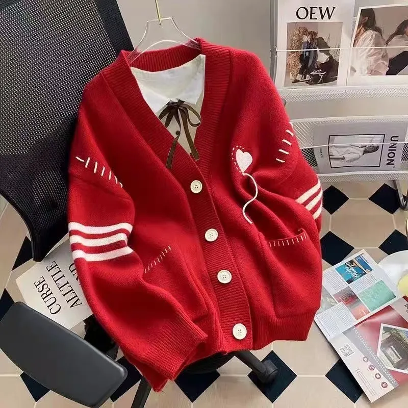 2024 New KYT Love Print Cardigan Women Autumn V-neck Single Breasted Pocket Female Sweater Casual Youth Girl Knit Tops