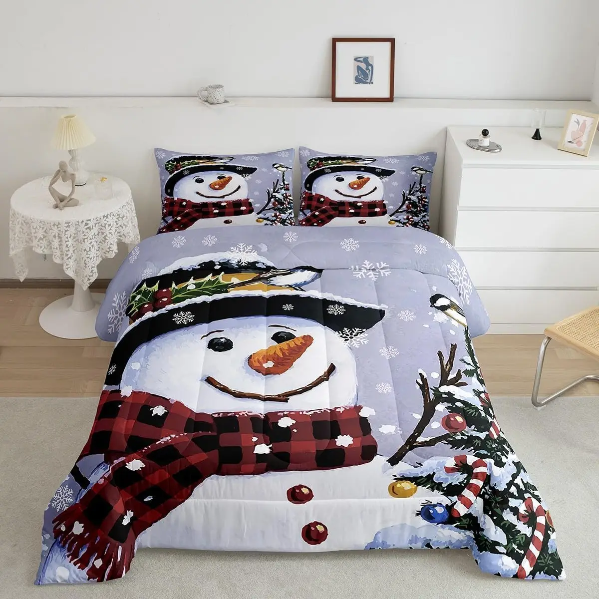 Christmas Theme Decorations Bedding Set Xmas Snowman Comforter Set Merry Christmas Comforter Funny Cute Decor Quilt Set