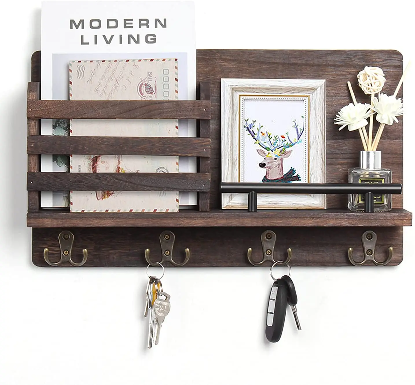 Wooden Mail and Key Holder for Wall Decorative  Rustic Wall Mounted Mail Organizer with 4 Double Key Hooks and 1 Mail Sorter - P