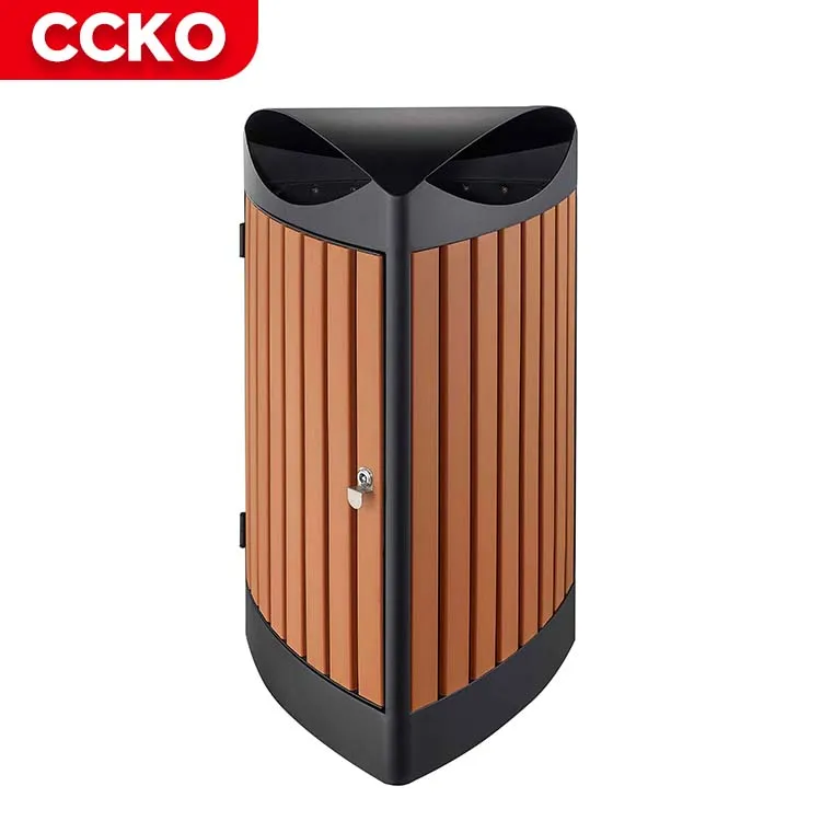 Commercial Trash Bins 2 Compartment Garbage Can Steel Dustbin Wood Waste Bins Recycle Bins Outdoor Trash Can For Street Park