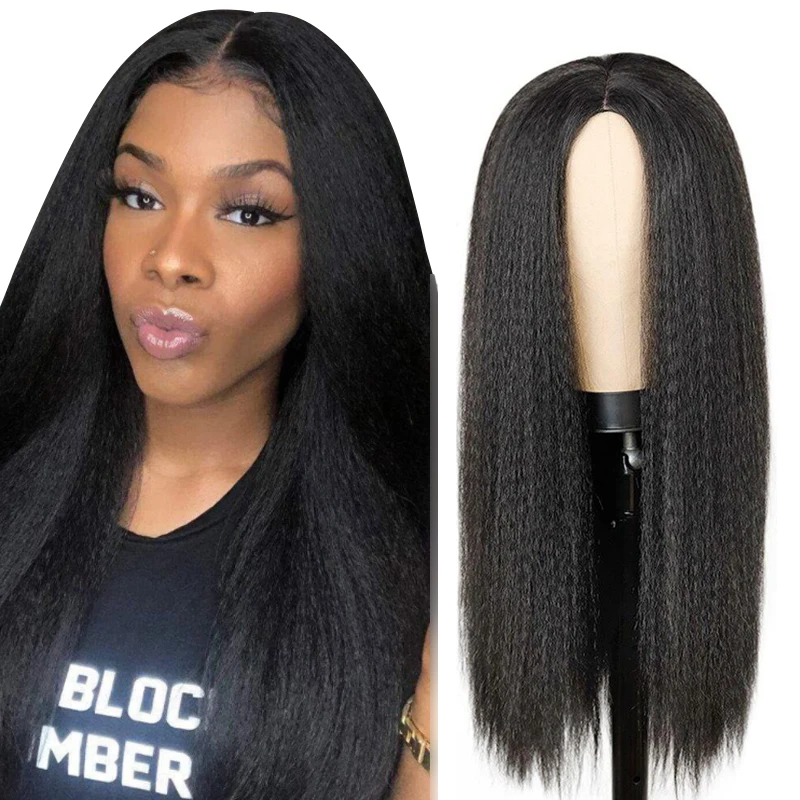 Wholesale coarse light yaki lace wig yaki human hair wig 13x4 14-28 inch glueless  yaki straight wig ready to ship