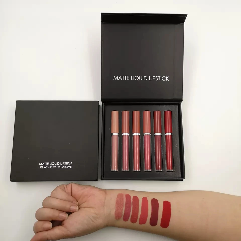 Trendy  Custom 6 Colors Matte Lip Gloss Glaze Set Non Stick Waterproof Vegan long Lasting Matt Liquid lipstick Makeup Kit Box