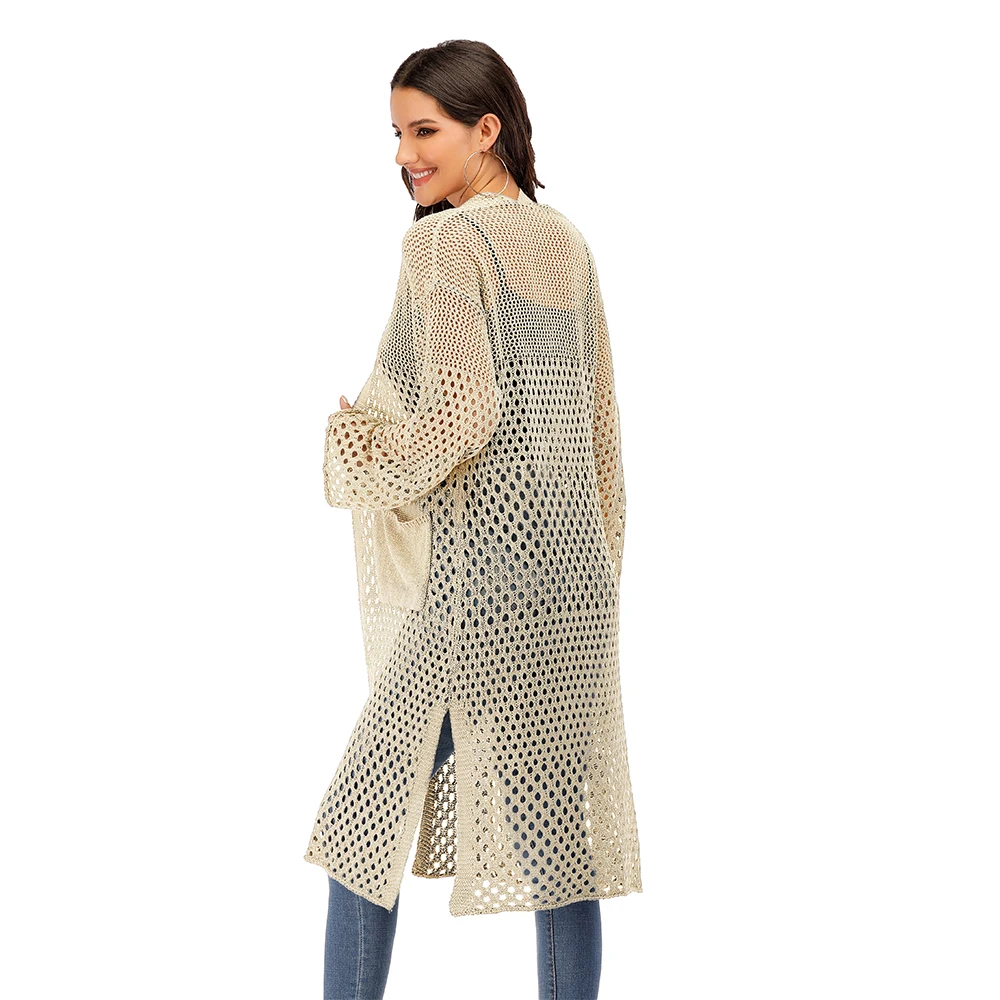 Оптовая Продажа с фабрики новое летнее женское вязаное пальто длинными рукавами и карманами длинное пальто-кардиган