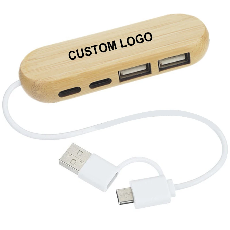 Customized Eco-friendly Bamboo Hub Charger 4 in 1 USB HUB Docking Station Wooden USB 2.0 Hub Splitter Adapter