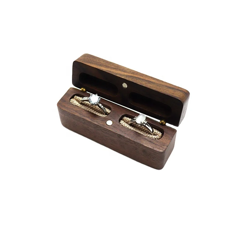 Rectangle Black Walnut Wooden Double Ring Box with Flax
