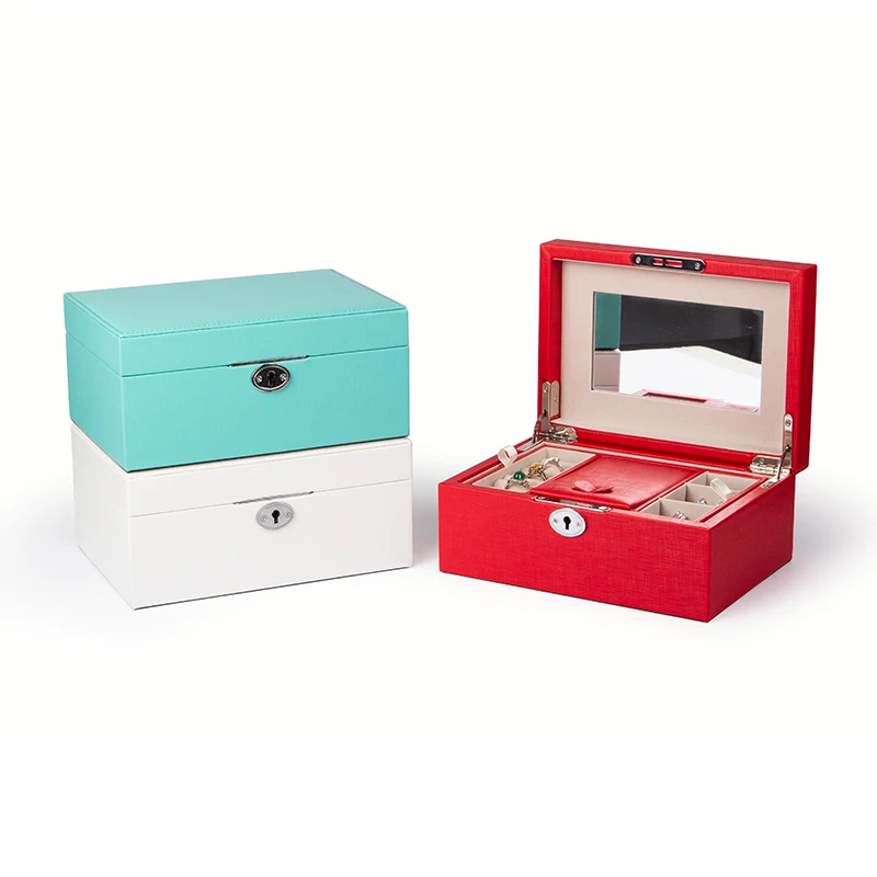 High quality  Women Jewelry box  organizer   custom leather Jewel case with mirror