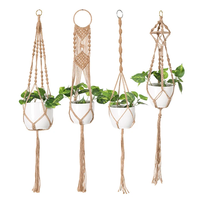 Dropshipping 4 Legs Macrame Plant Hanger Hanging Planter Natural Jute Plant Holder with Wood Bead Decoration and Metal Ring