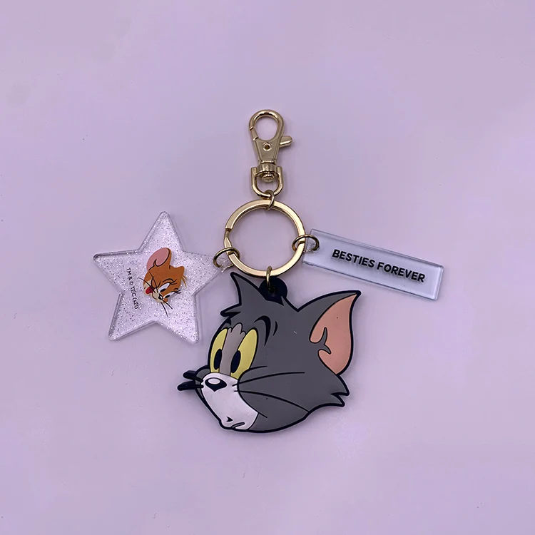 3d Cartoon Cat And Mouse Key Chain Anime Rubber Pvc Keychains With Wristlet Strap Ring For Gift Schoolbag Pendant