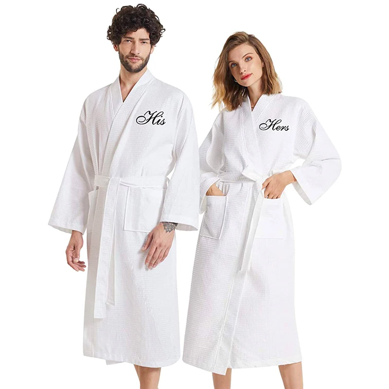 Top Quality 100% Cotton White His Her Waffle Bath Robe Kimono Mr Mrs Bathrobe for 5 Star Hotel Spa