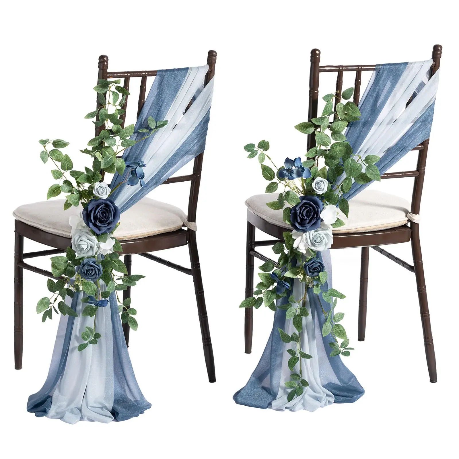 Wedding Chair Decorations Aisle Pew Church Artificial Flower Dusty Blue & Navy Floral Backdrop Rose Arrangements Party Outdoor